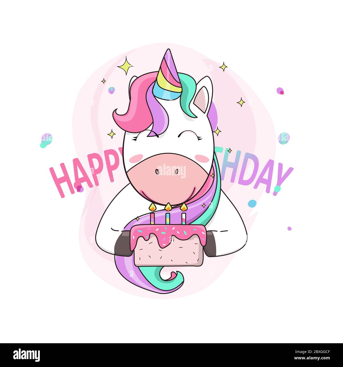 Süße Einhörner wie eine Überraschung Geburtstag. Geburtstagskuchen Stock Vektor