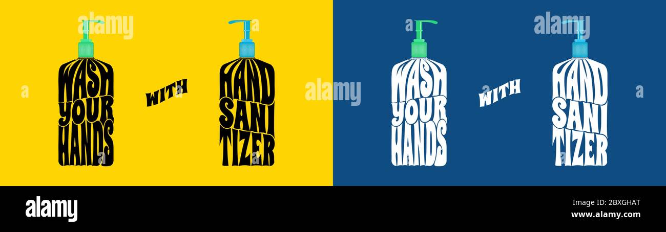 Waschen Sie Ihre Hände mit Handdesinfektionsmittel Textumschlag Vektor Illustration Konzept, isoliert auf solid gelb und klassisch blau Hintergrund. Stock Vektor
