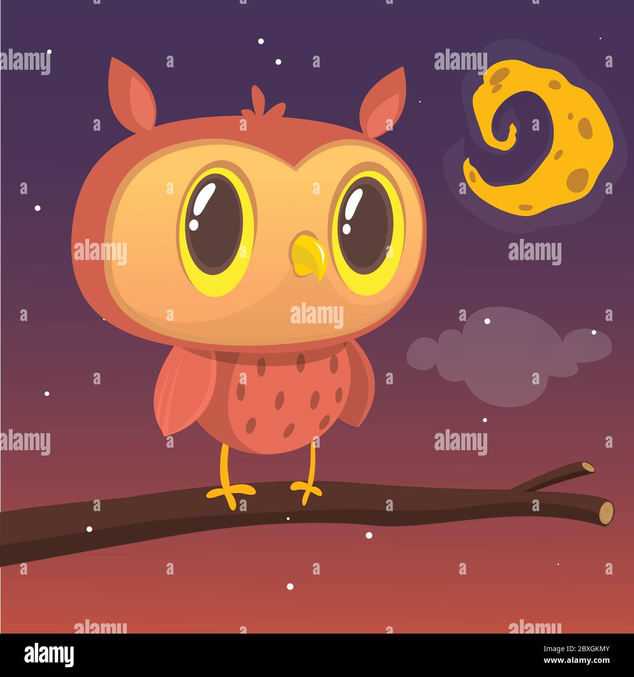 Cartoon Eule auf Ast auf Hintergrund des Vollmondes sitzen Stock Vektor