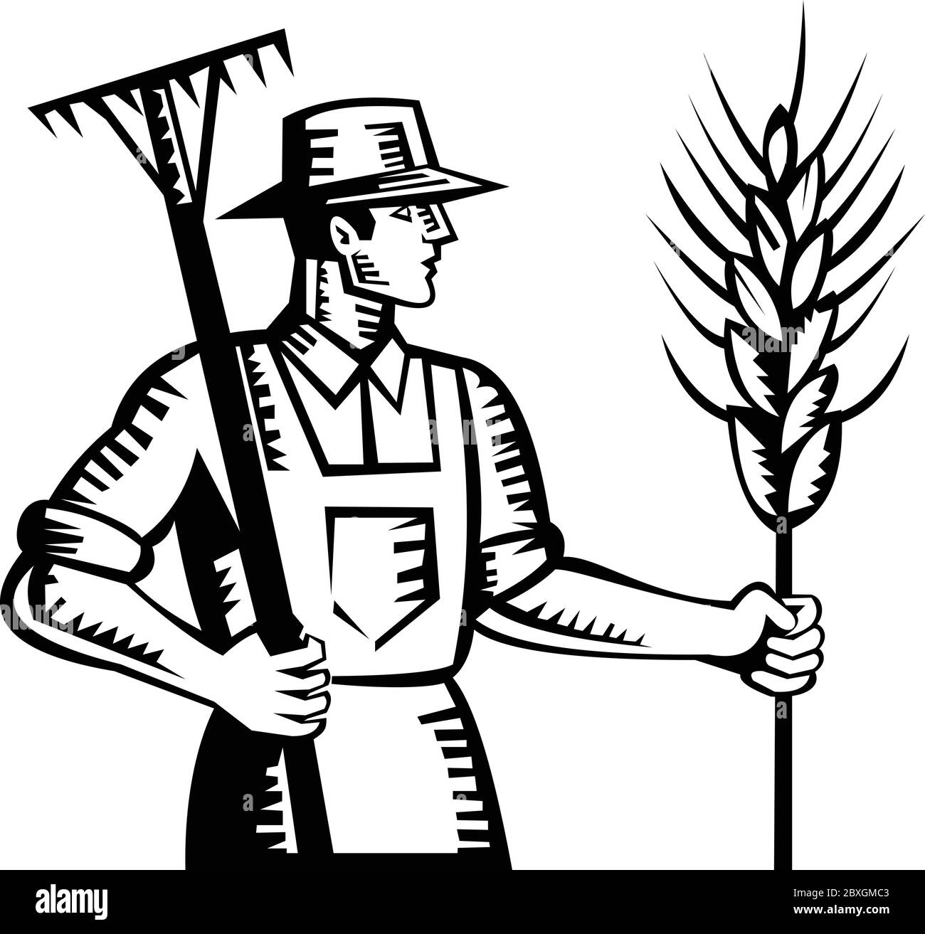 Illustration eines Weizenbauern Arbeiter mit einem Rechen und Getreide Kornstiel von der Seite im Retro-Holzschnitt-Stil gemacht gesehen. Stock Vektor