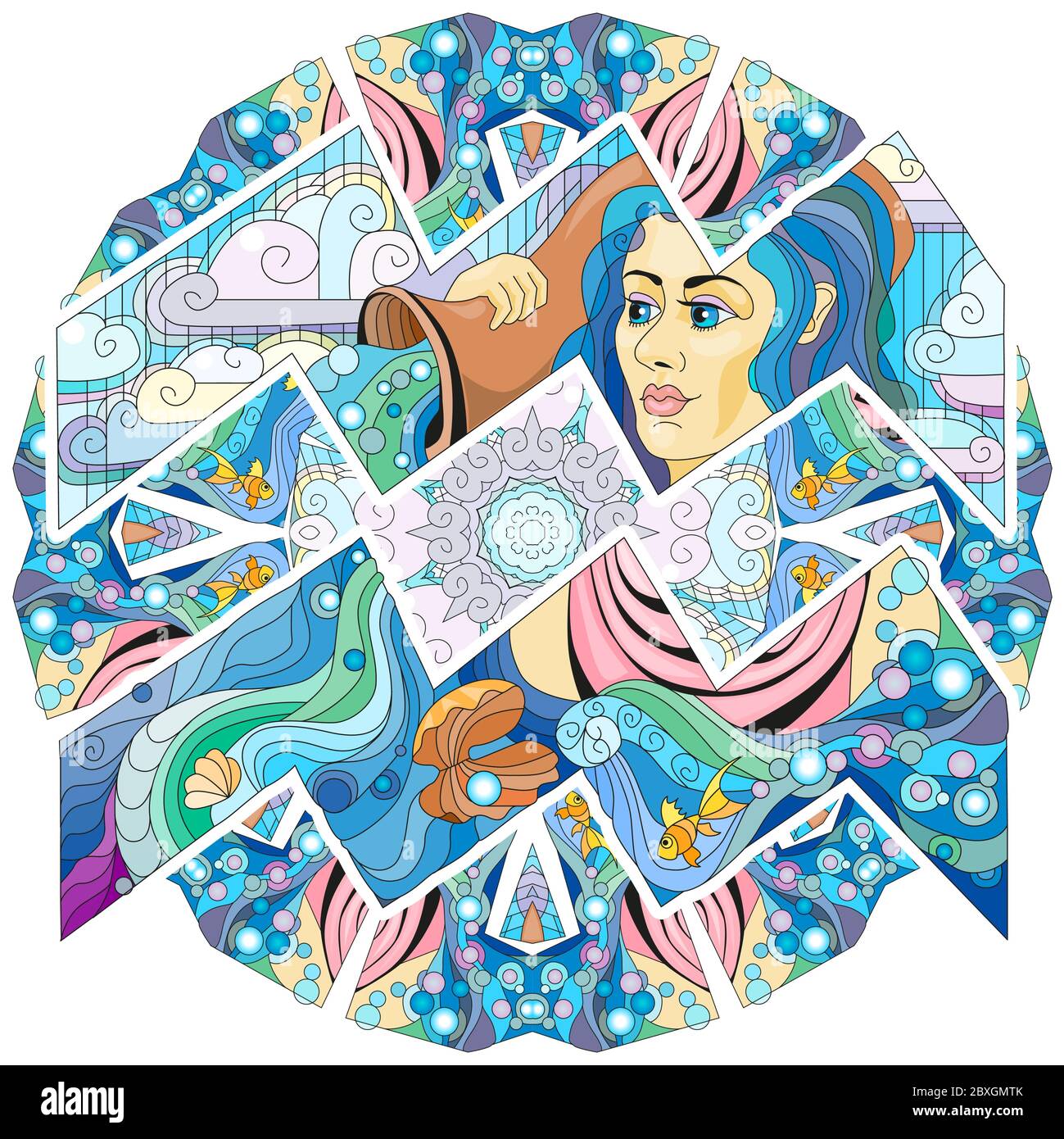 Wassermann Tierkreis Zeichen mit Mandala niedlichen Cartoon-Charakter retro zentangle stilisiert in Vektor Stock Vektor