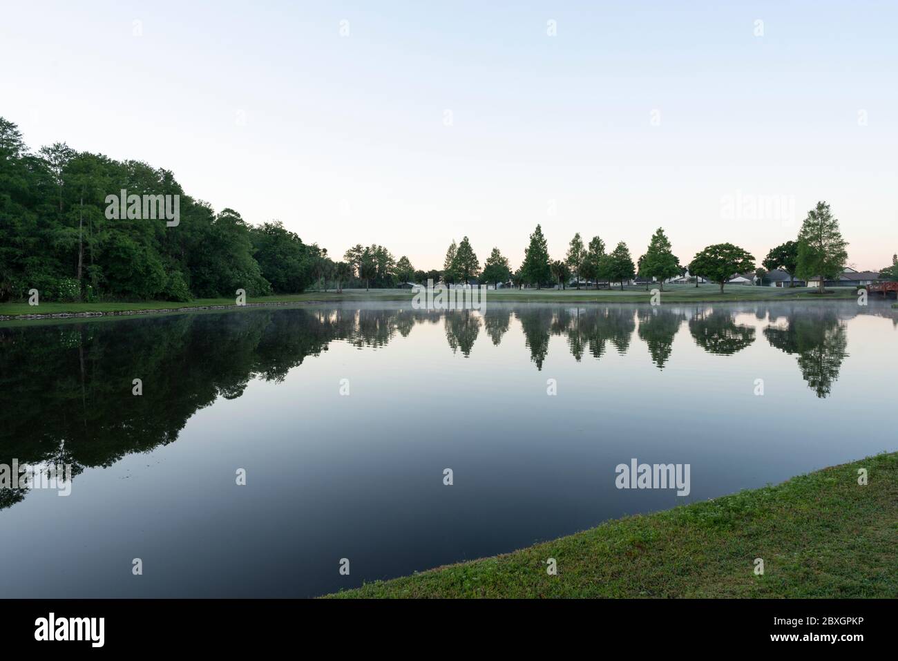 Der Golfplatz am frühen Morgen waren Bäume spiegeln sich im See, Ventura Country Club, Orlando, FL Stockfoto