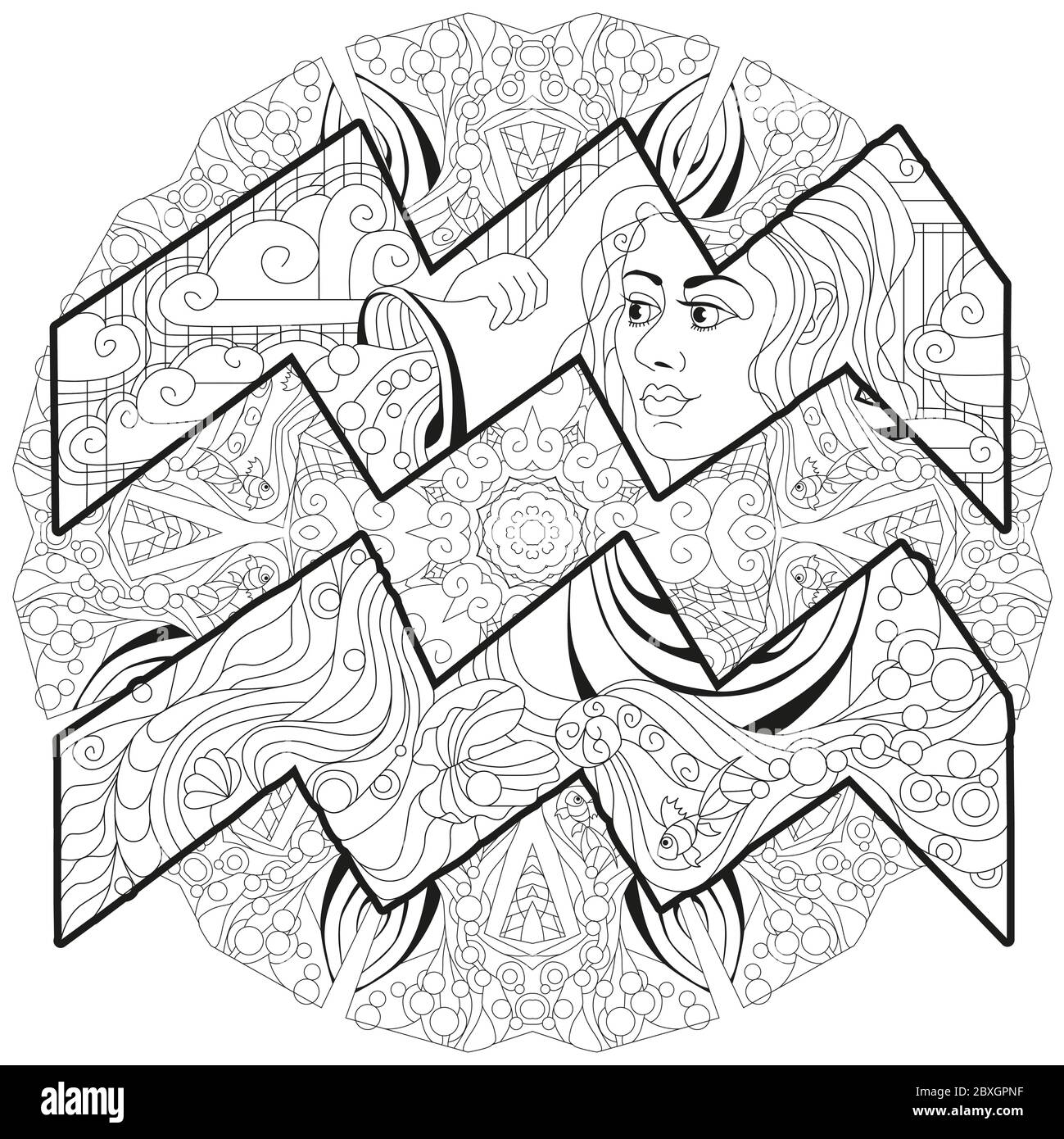 Wassermann Tierkreis Zeichen mit Mandala niedlichen Cartoon-Charakter retro zentangle stilisiert in Vektor für die Färbung Stock Vektor