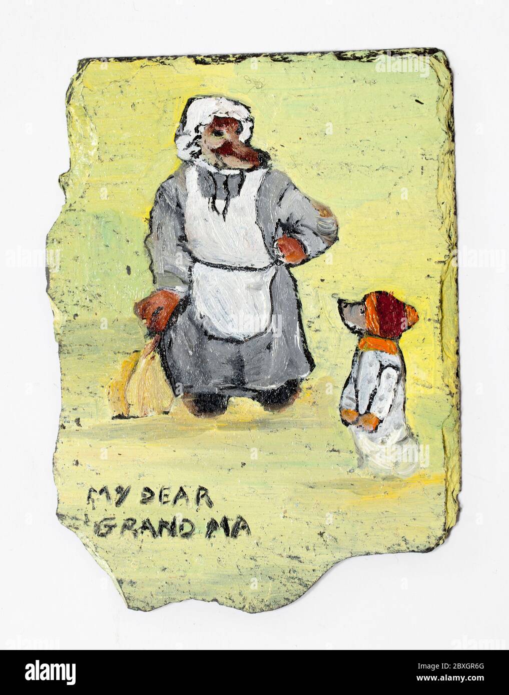 'Meine liebe Oma' kleine naive Malerei auf Schiefer Stockfoto