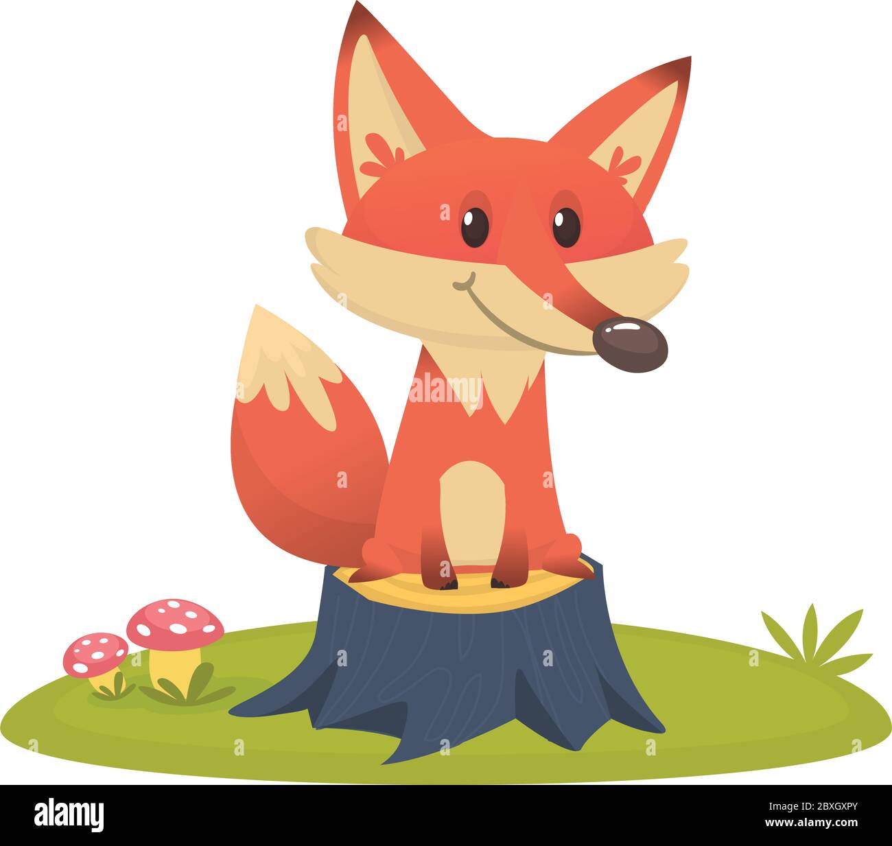 Big Red Fox Schwanz lustige Cartoon-Stil sitzt auf Baumstumpf in grünem Gras Hintergrund, Vektor-Illustration Stock Vektor