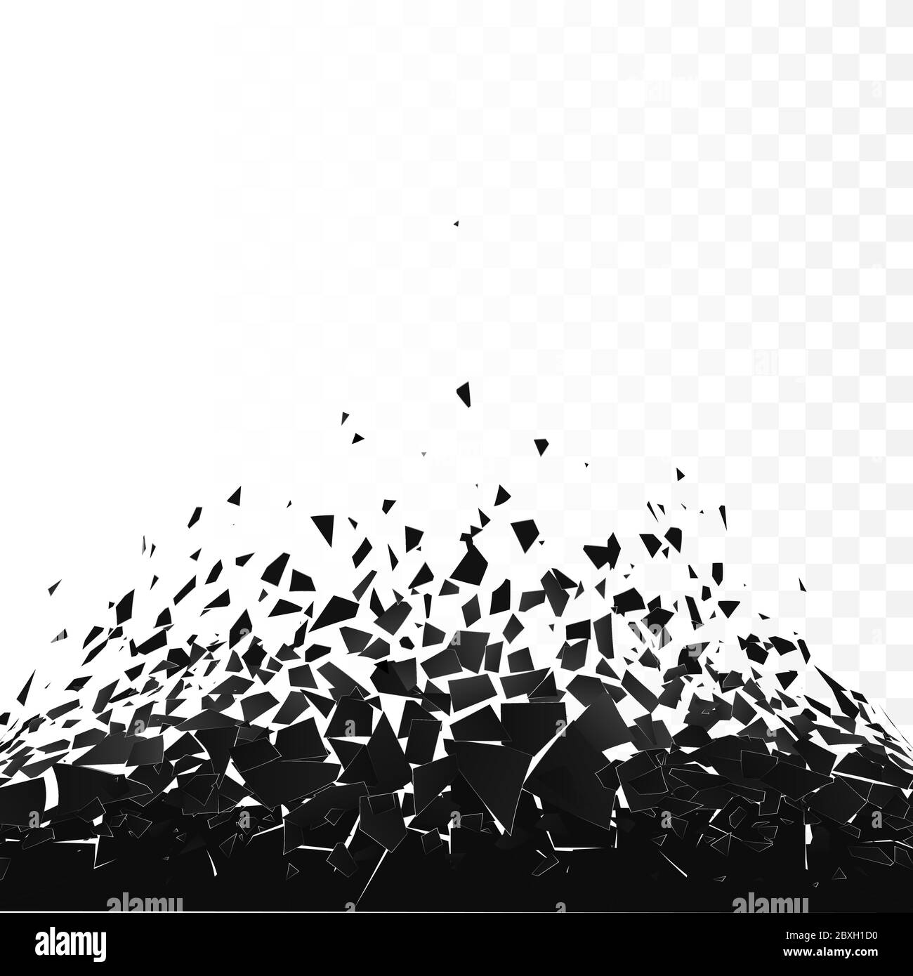 Abstrakte Wolke von Stücken und Fragmenten nach der Explosion. Abriss schwarze Oberfläche. Zersplitterungs- und Zerstörungseffekt. Vektorgrafik isoliert auf tran Stock Vektor