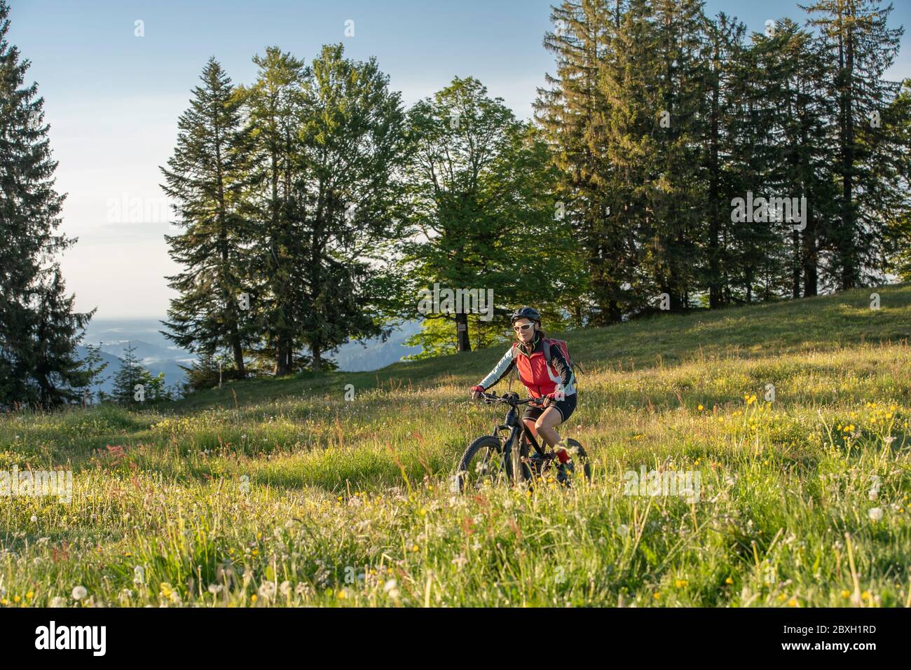 Hübsche ältere Frau auf ihrem elektrischen Mountainbike auf den Bergen oberhalb Oberstaufen, Allgauer Alpen, Bayern Deutschland Stockfoto