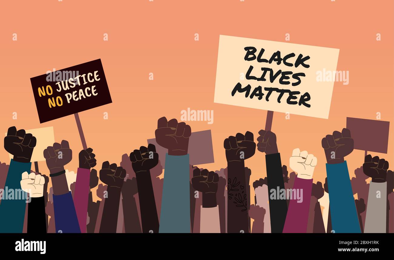 Stock Illustration von antirassistischen Demonstranten mit "Black Lives Matter" und "No Justice, No Peace" Zeichen. Protest gegen Rassenungleichheit und Injusti Stockfoto