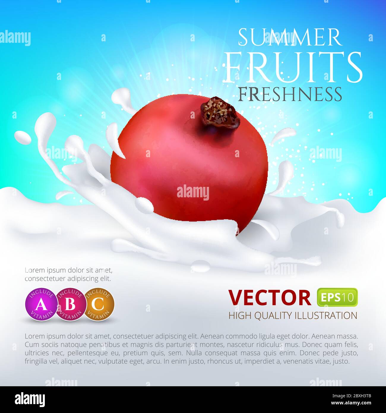 Granatapfel fällt in Milch oder Joghurt mit Spritzer. Vector hochwertige Illustration für Etikettenverpackungen Stock Vektor