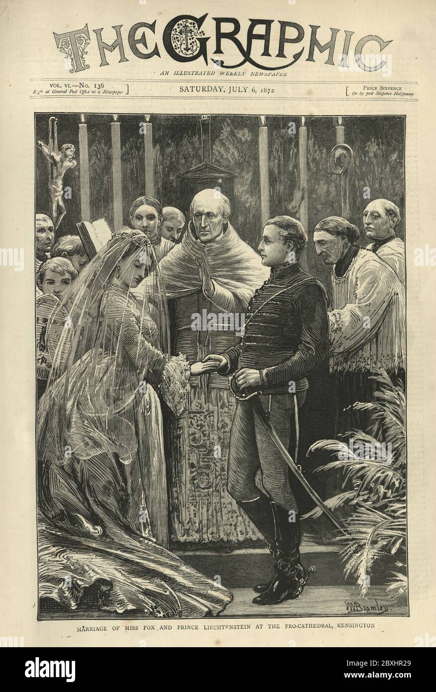 Fassade der Graphic Illustrated Zeitung 6. juli 1872. Hochzeit von Miss Fox und Prinz Liechtenstein in der Pro-Cathedral Kensington Stockfoto