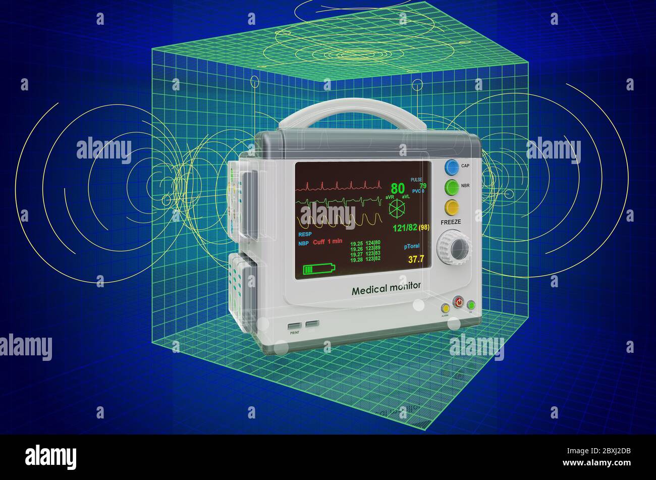 Visualisierung 3d cad Modell des medizinischen Patientenmonitors, Blaupause. 3D-Rendering Stockfoto