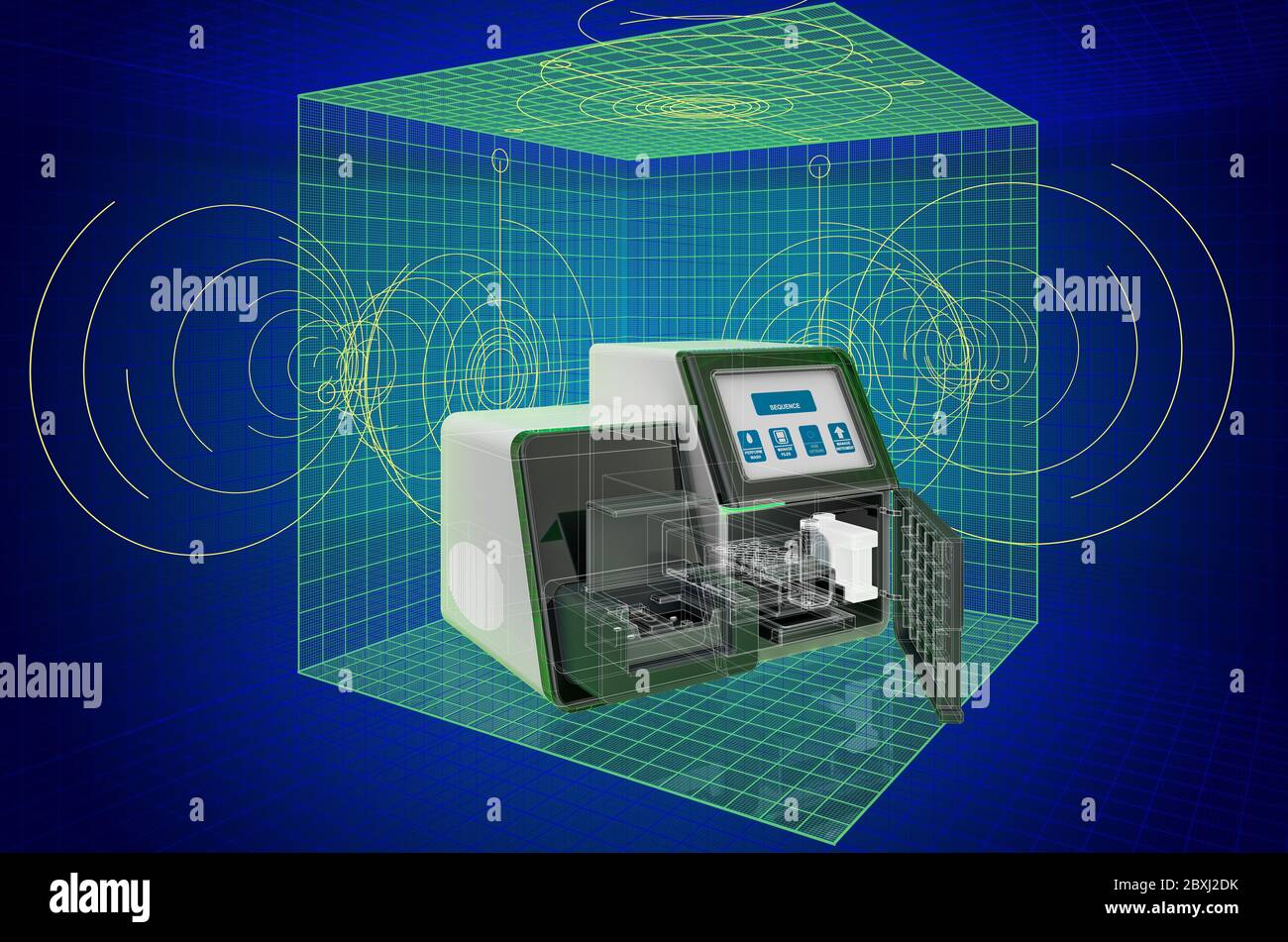 Visualisierung 3d cad Modell des Personal DNA Sequenziersystems, Blaupause. 3D-Rendering Stockfoto
