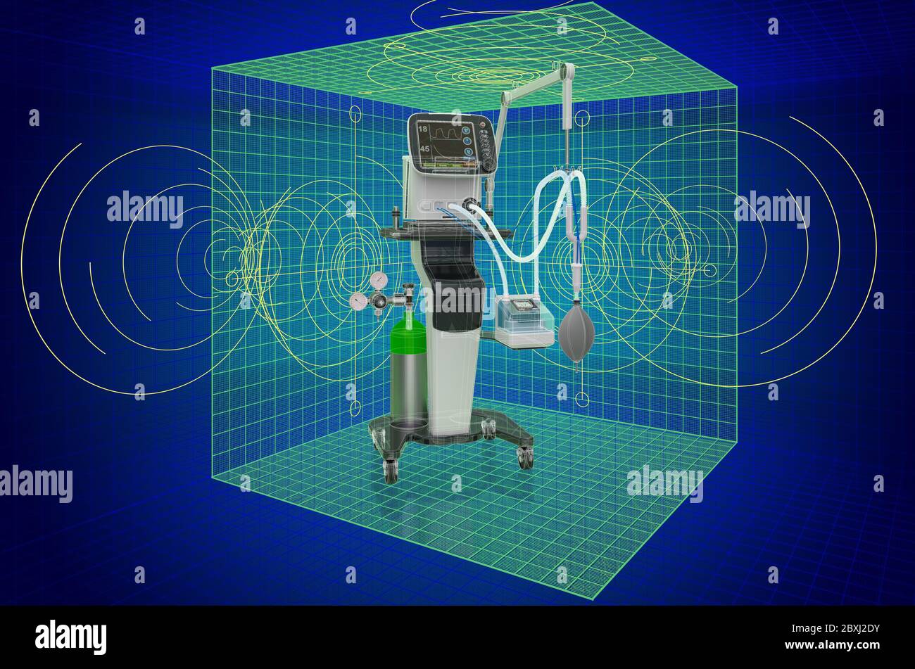 Visualisierung 3D-Cad-Modell des medizinischen Beatmungsgeräts ICU. 3D-Rendering Stockfoto