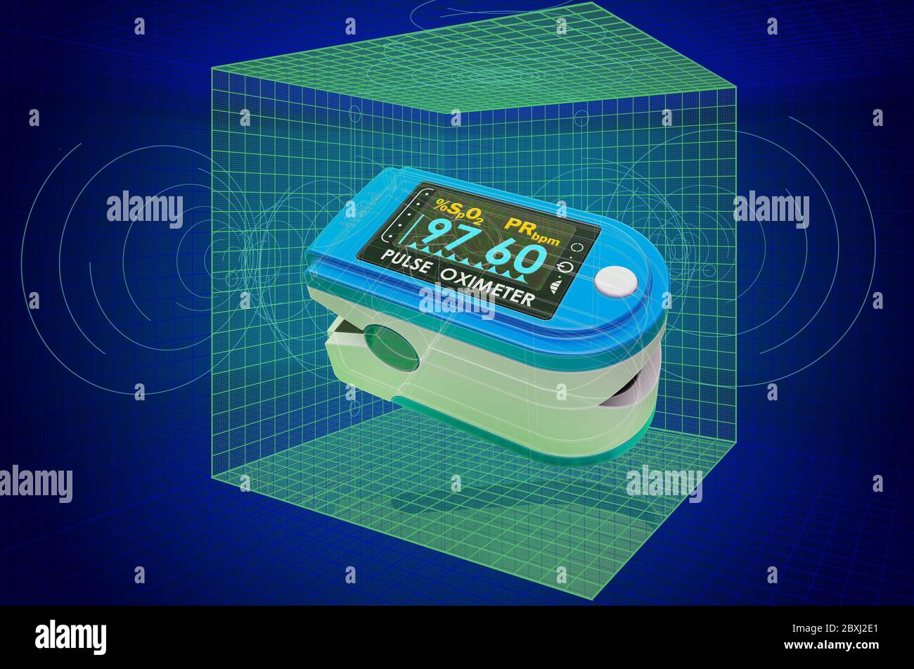 Visualisierung 3d cad Modell des Pulsoximeters Fingertipp, Blaupause. 3D-Rendering Stockfoto