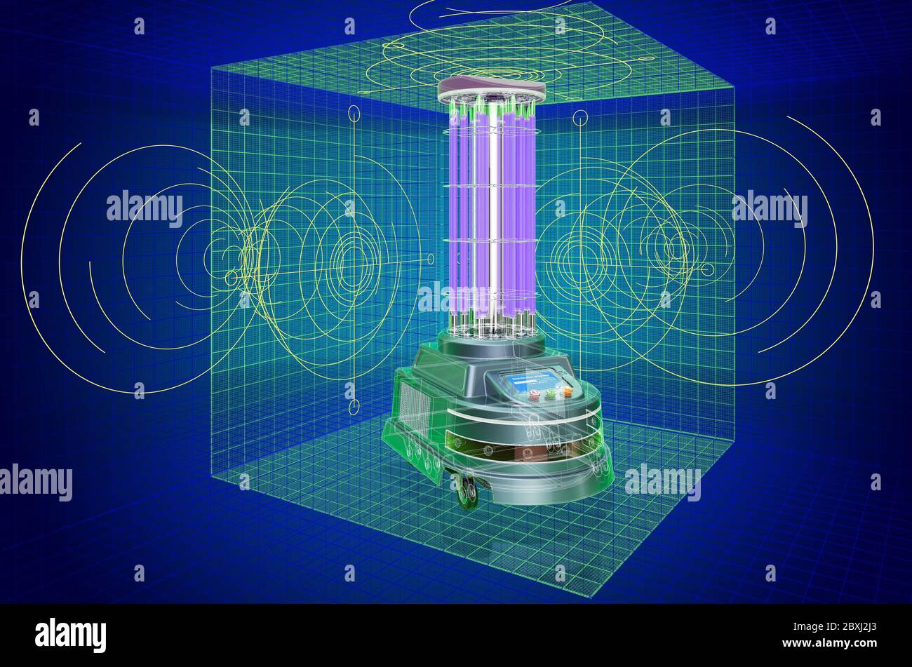Visualisierung 3d cad Modell des UV-Desinfektionsroboters, Blaupause. 3D-Rendering Stockfoto
