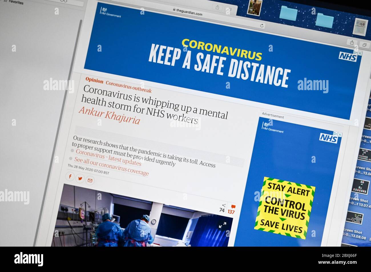 Britische Regierung wirbt mit „Coronavirus, Keep a distance“ und „Stay Alert, Control the Virus, Save Lives“. Stockfoto