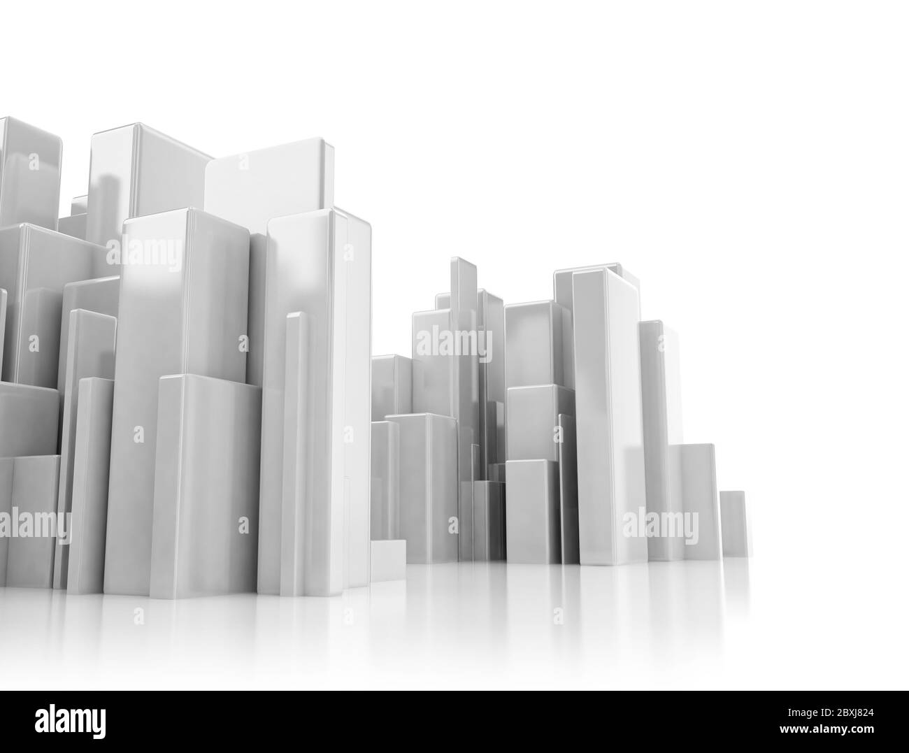 Abstrakt 3d Stadtbild auf weißem Hintergrund mit Reflexionen Stockfoto