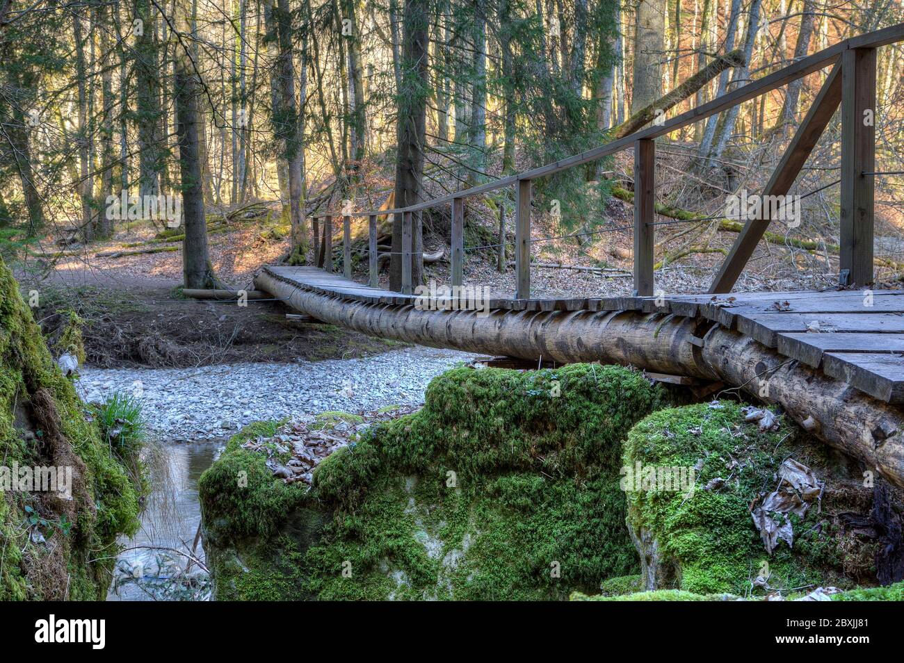 Schmale Holzstege führen den Wanderer über das schäumende Wasser der Wutach. Stockfoto