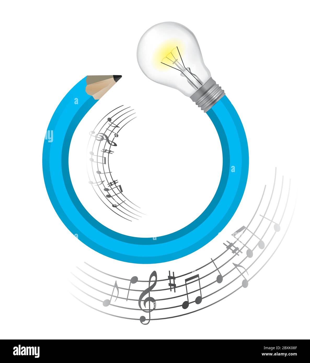 Musikalische Idee Kreativer Bleistift. Illustration von blauem gedrehtem Bleistift mit Glühbirne und Noten. Vektor verfügbar. Stock Vektor