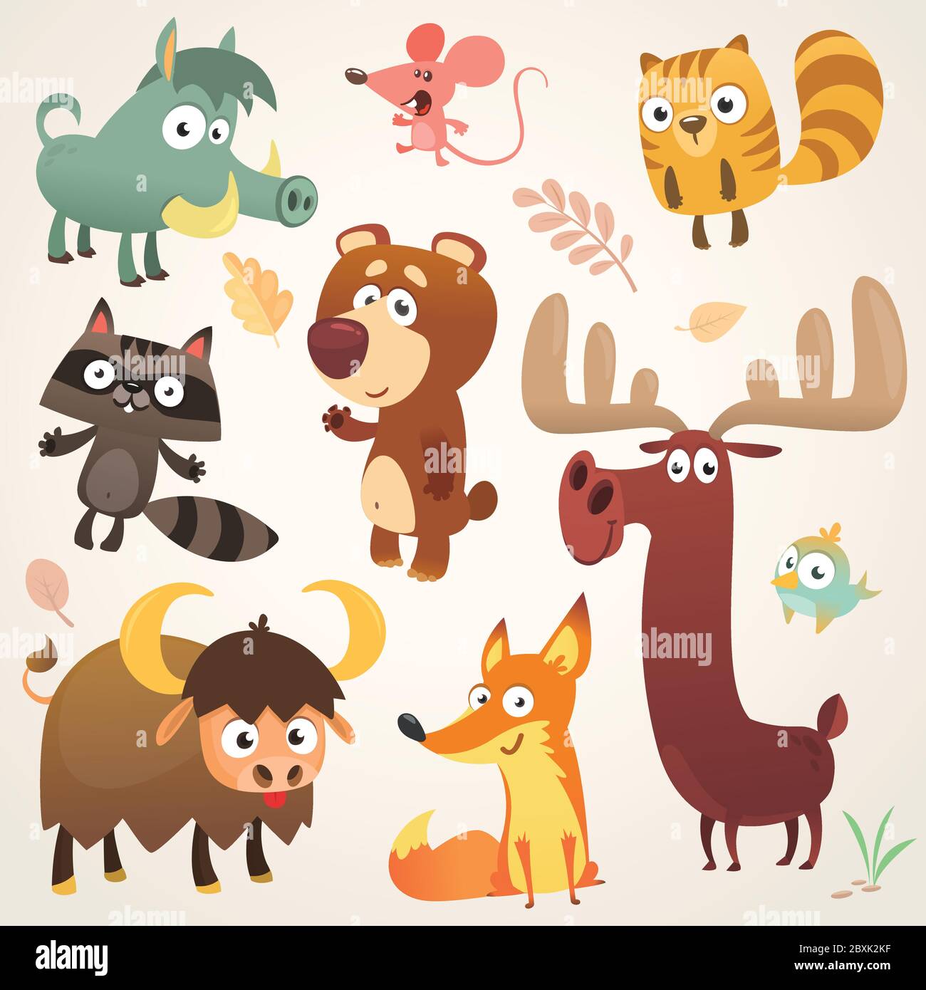 Cartoon Wald Tier Charaktere. Vektorgrafik. Große Reihe von Cartoon Wald Tiere Illustration. Eichhörnchen, Maus, Waschbär, Wildschwein, Fuchs, Büffel, b Stock Vektor