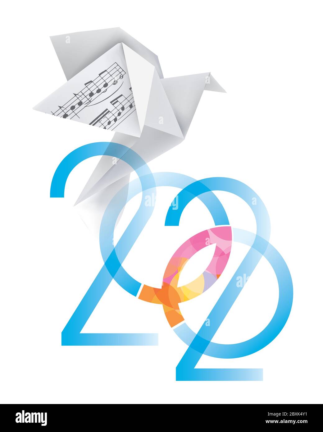 Jesus Fisch Symbol Jahr 2020 mit Papier Taube und Noten. Inschrift 2020 mit Jesus Fisch Symbol mit Kreuz. Stock Vektor