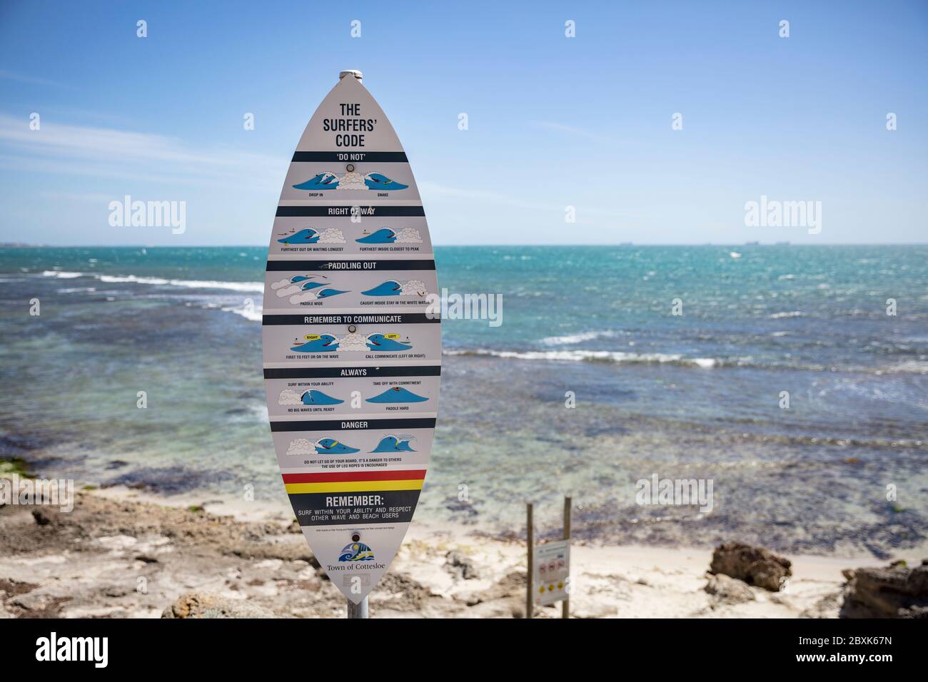 Freemantle Australia 5. November 2019: Surfer's Informationsschild am Eingang zum Cottesloe Beach in Perth, Western Australia Stockfoto