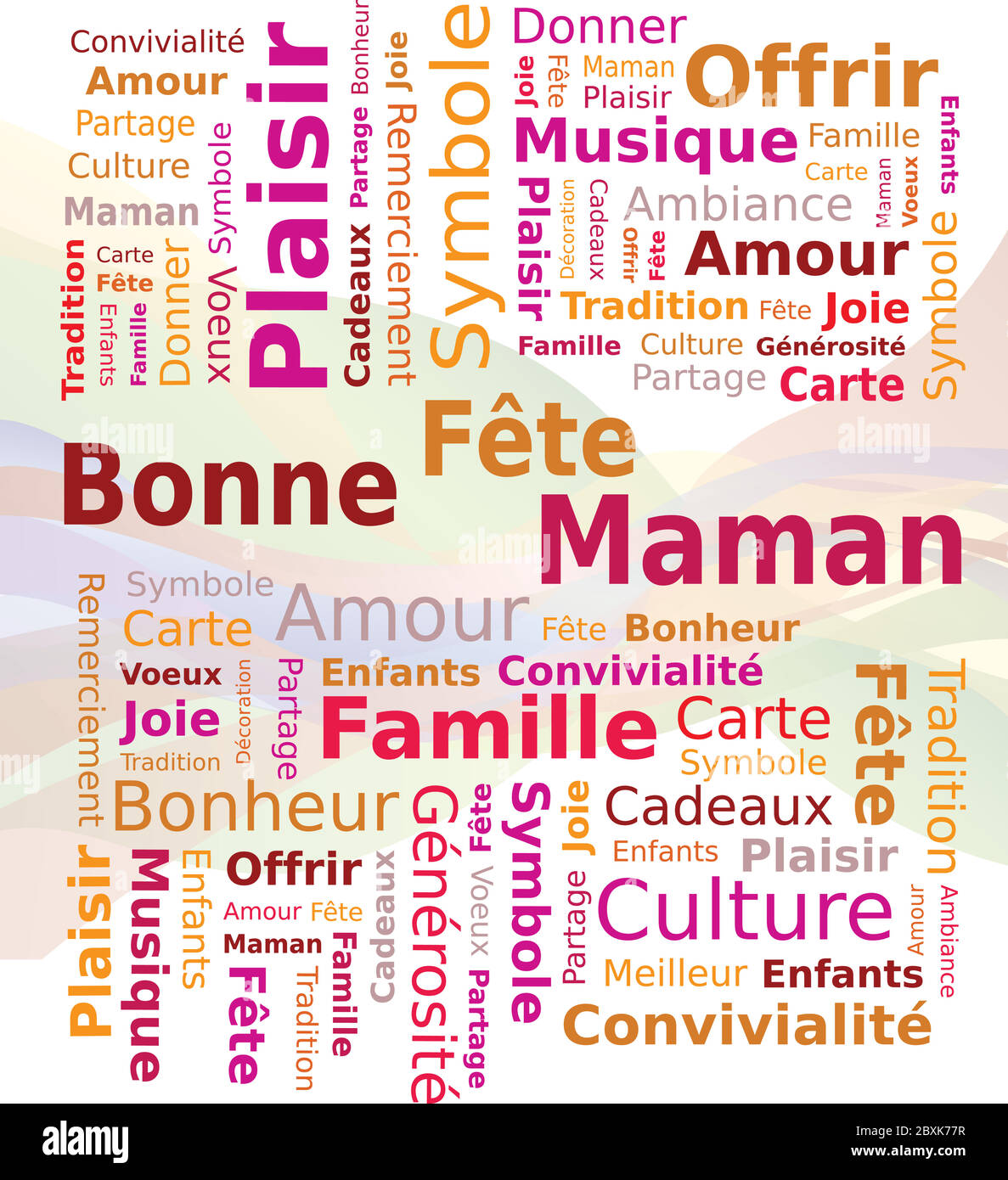 Word Cloud - Frohe Muttertag in Rot und Orange Farben - Französisch Sprache Stock Vektor