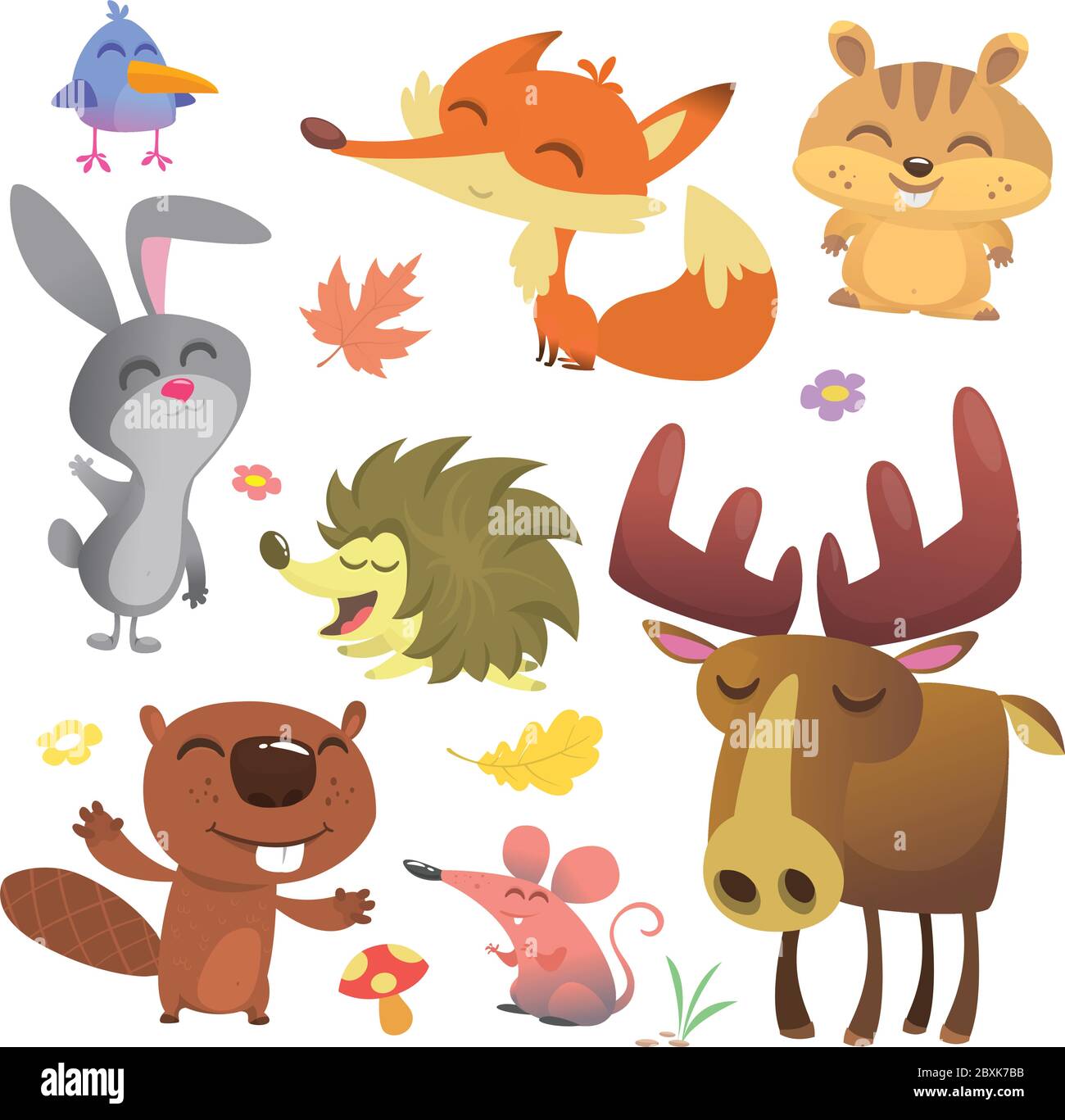 Waldtiere Vektorgrafik. Cartoon Vogel, Igel, Biber, Hase Kaninchen, Chippmunk, Fuchs, Maus und Elch Stock Vektor