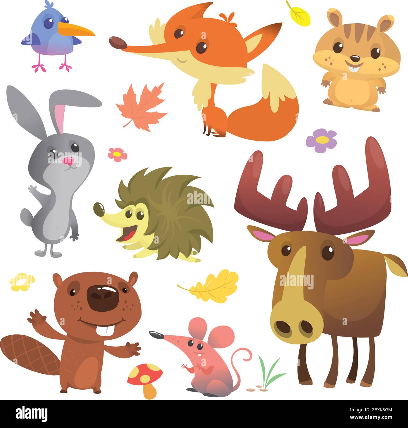 Set von niedlichen Waldtiere auf weißem Hintergrund isoliert. Cartoon Vogel, Igel, Biber, Hase Kaninchen, Chippmunk, Fuchs, Maus und Elch Elch. Vektor-Abb. Stock Vektor