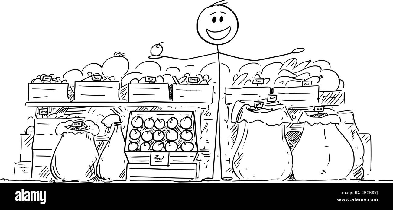 Vektor Cartoon Stick Figur Zeichnung konzeptionelle Illustration von lokalen Landwirt Verkauf von Lebensmitteln, Obst und Gemüse auf dem Markt. Stock Vektor
