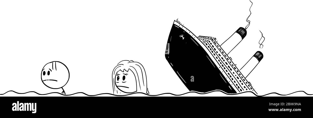 Vektor Cartoon Stick Figur Zeichnung konzeptionelle Illustration von Mann und Frau oder Überlebende schwimmen in Wasser, Meer oder Ozean von Wrack oder Schiffbruch. Sie können Ihren Text hinzufügen. Stock Vektor