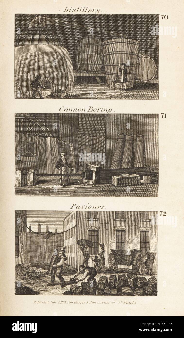 Handel in Regency Scotland: Brennerei, Kanonenbohren und Paviours. Arbeiter, die Whisky in einer Brennerei in Edinburgh 70 destillieren, Arbeiter, die eine Kanone in der Carron Works Fabrik 71 bohren, und irische Pfleger, die Pflastersteine aus schottischem Granit in einer Londoner Straße 73 legen. Holzschnitt-Gravur aus den Szenen des britischen Reichtums von Rev. Isaac Taylor, in Produce, Manufacture and Commerce, John Harris, London, 1823. Isaac Taylor war ein englischer Schriftsteller, Künstler, Graveur und Erfinder 1787-1865. Stockfoto