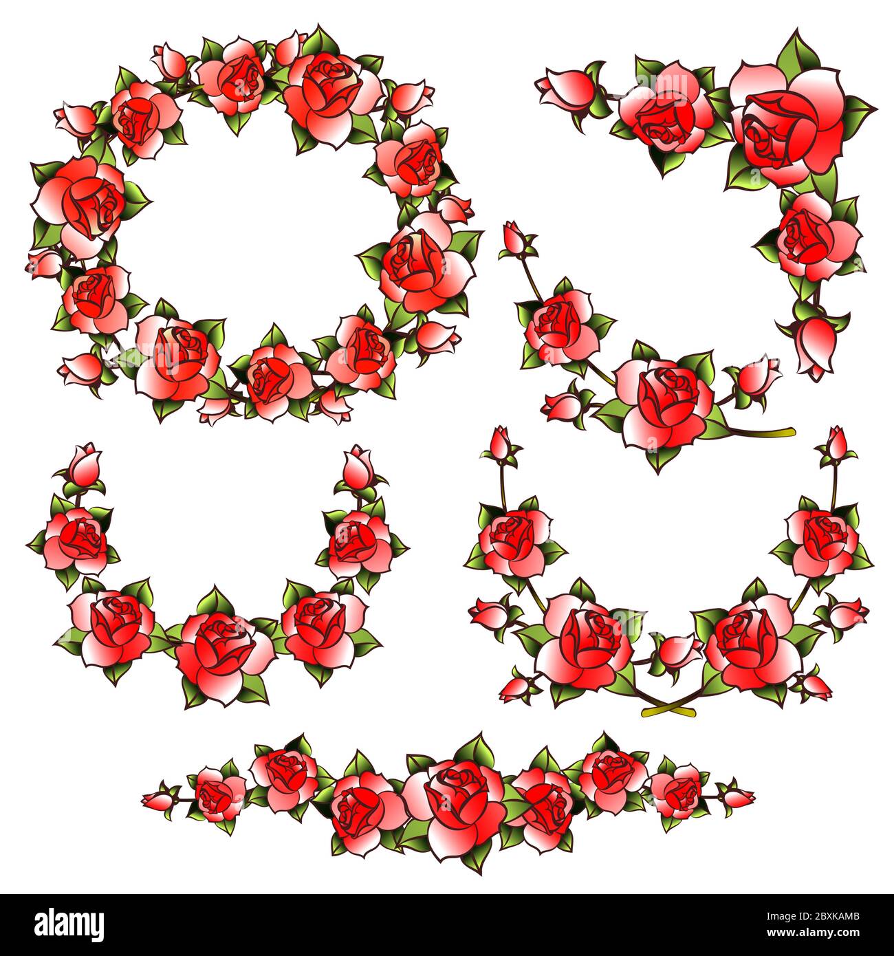 Schöne rote Rose Blume Kranz, Trennwand etc im Tattoo-Stil. Vektorgrafik. Stock Vektor