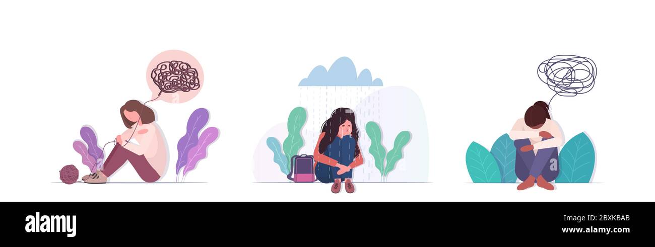 Set aufgeregt Mädchen weinend Depression Probleme Stress Psychotherapie psychische Gesundheit Depression Konzept horizontale volle Länge Vektor-Illustration Stock Vektor