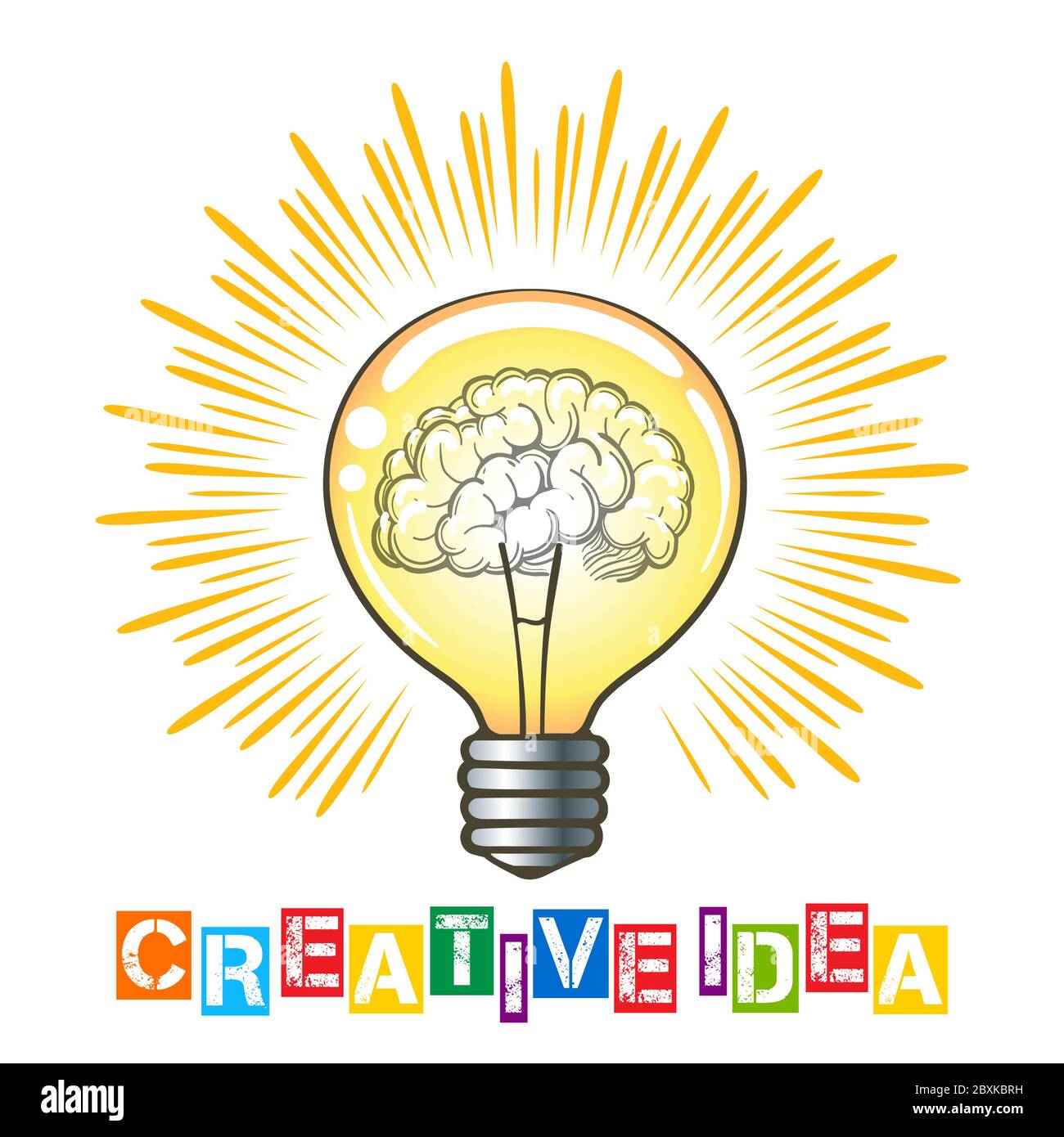Glühlampe mit Gehirn in kreative Idee Konzept. Vektorgrafik. Stock Vektor