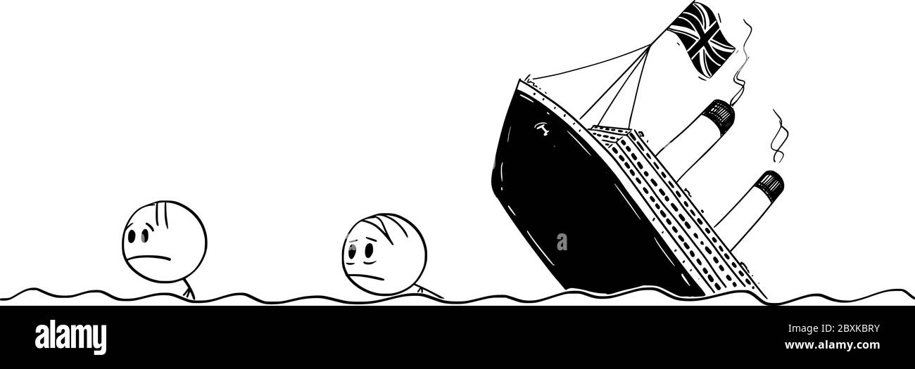 Vektor Cartoon Stick Figur Zeichnung konzeptionelle Illustration von zwei Männern oder Überlebenden schwimmen in Wasser, Meer oder Ozean aus dem Wracked Vereinigtes Königreich oder UK Wirtschaft Schiff oder Schiffswrack.Sie können Ihren Text hinzufügen. Stock Vektor