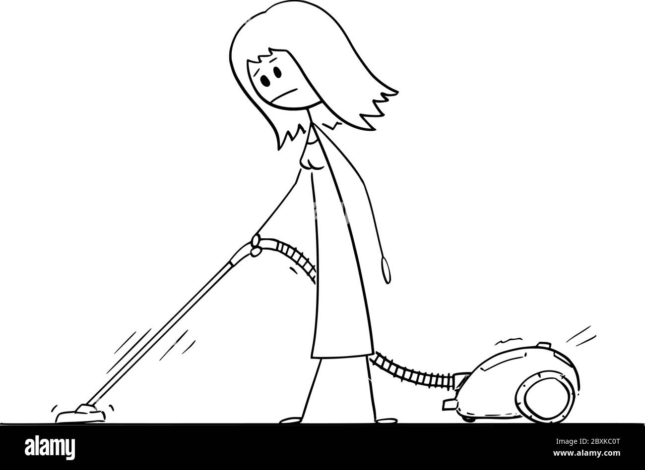 Vektor Cartoon Stick Figur Zeichnung konzeptionelle Illustration von Frau saugen oder Reinigung der Boden oder Teppich mit Staubsauger oder staubsauger. Stock Vektor