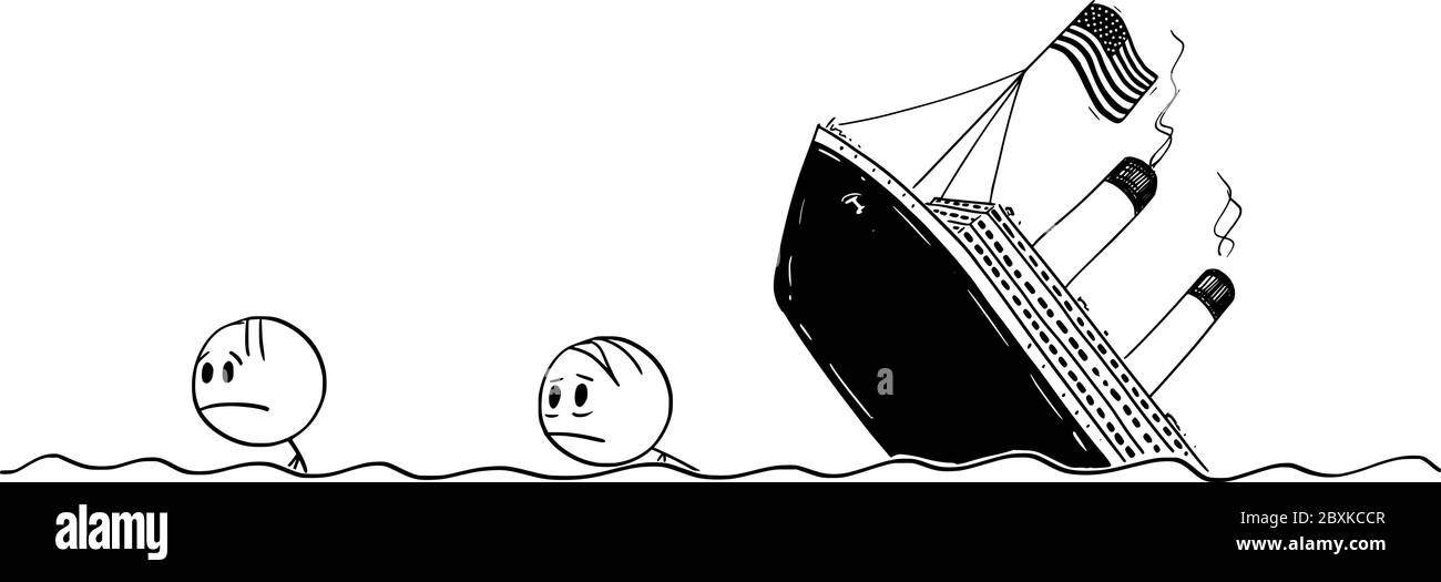 Vektor Cartoon Stick Figur Zeichnung konzeptionelle Illustration von zwei Männern oder Überlebenden schwimmen in Wasser, Meer oder Ozean aus zerstörten Vereinigten Staaten oder US-Wirtschaft Schiff oder Schiffswrack.Sie können Ihren Text hinzufügen. Stock Vektor