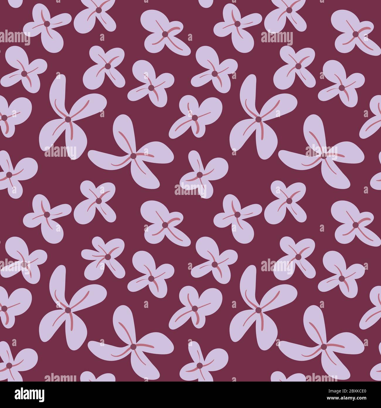 Flieder Nahtloses Muster. Handgezeichnete Blumen auf purpurfarbenem Hintergrund. Finde eine fünfblättrige Blüte. Vektorgrafik. Stock Vektor