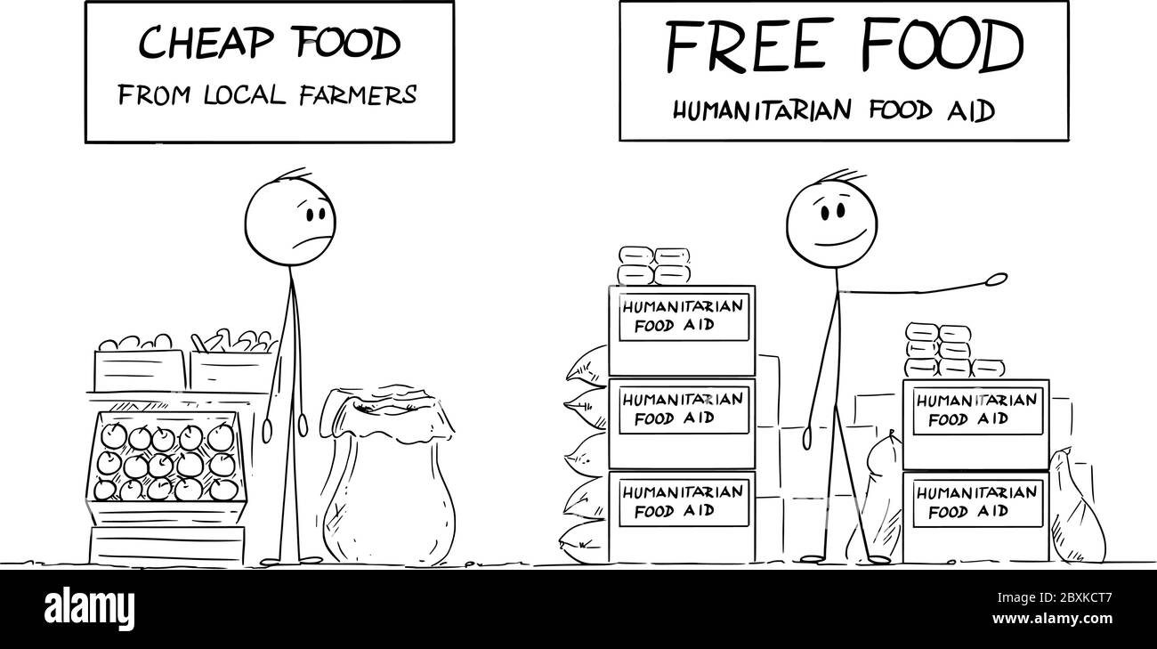 Vektor Cartoon Stick Figur Zeichnung konzeptionelle Illustration von frustrierten lokalen Landwirt versucht, einige Produkte auf dem Markt zu verkaufen, während humanitäre Helfer gibt Lebensmittel kostenlos. Nahrungsmittelproduktion in Entwicklungsländern. Stock Vektor