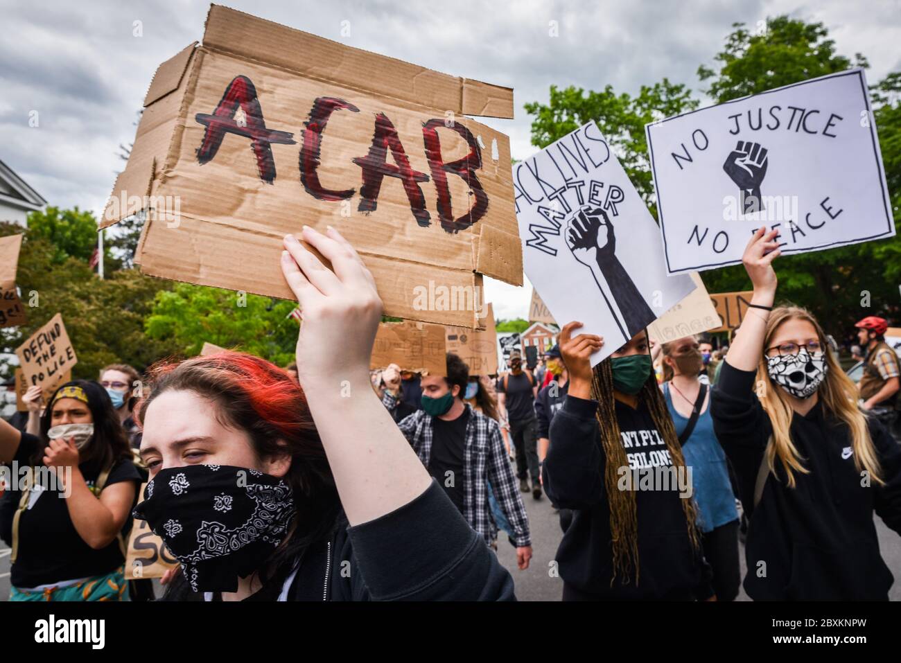 Protest gegen die Ermordung von Menschen mit Farbe durch die Polizei in den USA (Black Lives Matter), im Vermont State House und in den umliegenden Straßen, Montpelier, VT, USA. Stockfoto
