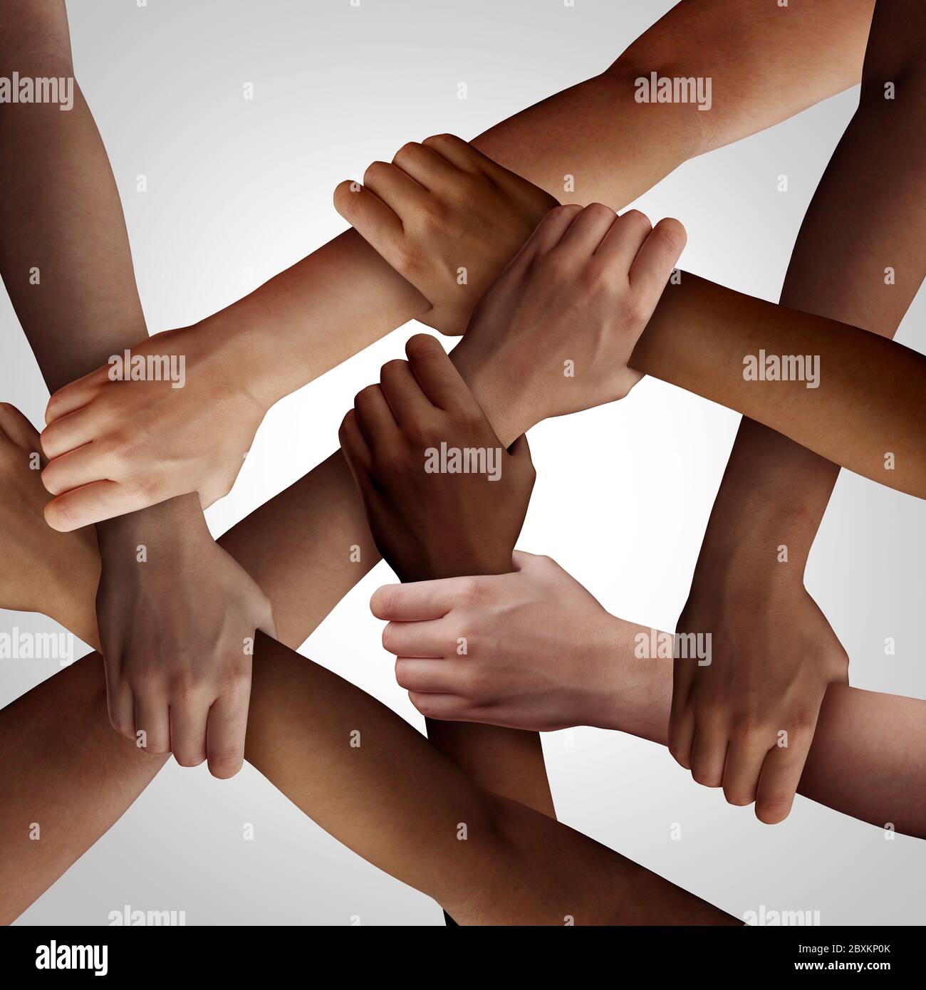 Rassismus und Menschenrechte als verschiedene Menschen unterschiedlicher Ethnizität, die als sozialsolidarisches Konzept einer multirassischen Gruppe die Hände zusammenhalten. Stockfoto
