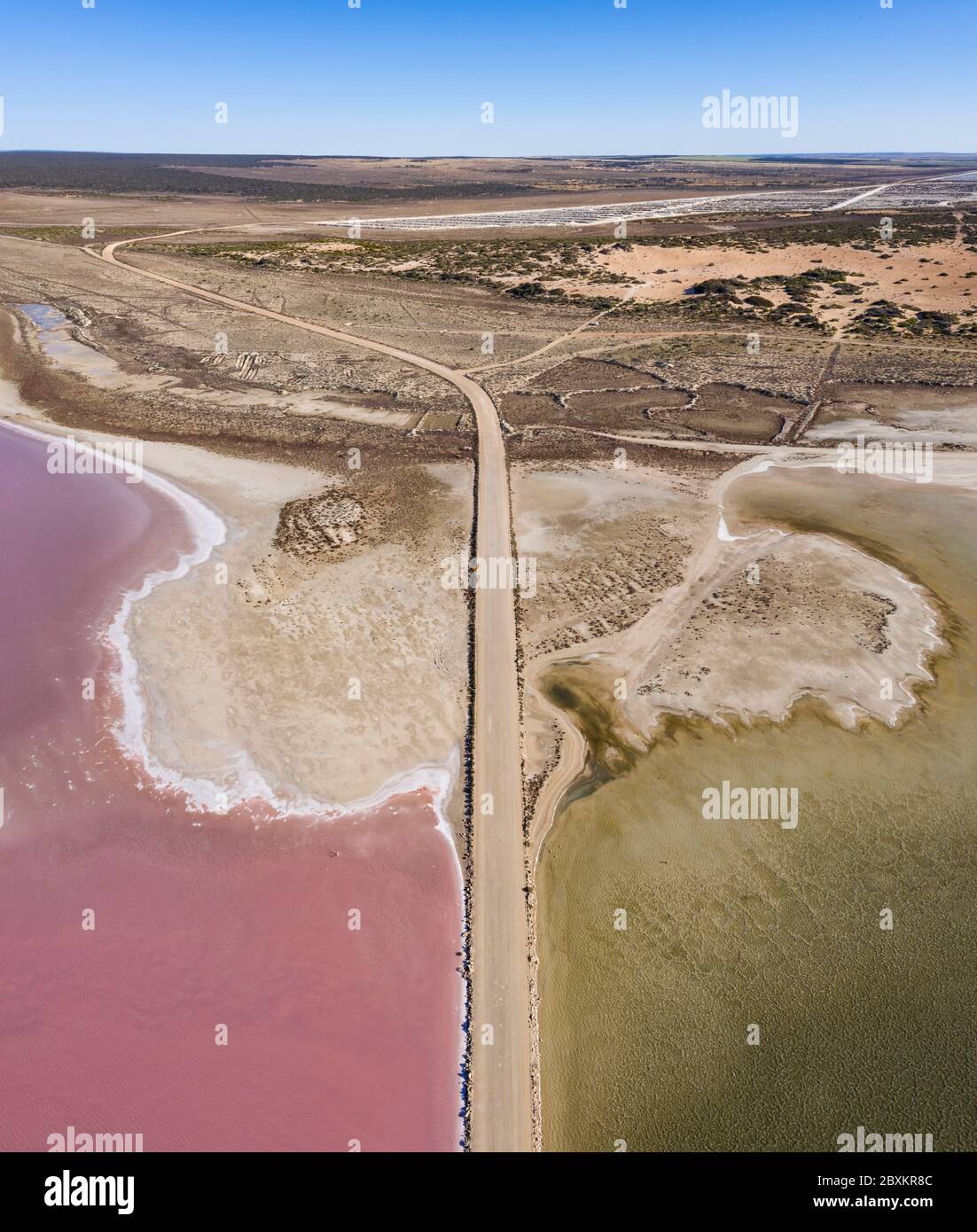 Luftaufnahme des Lake MacDonnell, einem natürlich vorkommenden rosa Salzsee in der Nähe von Penong in Südaustralien Stockfoto