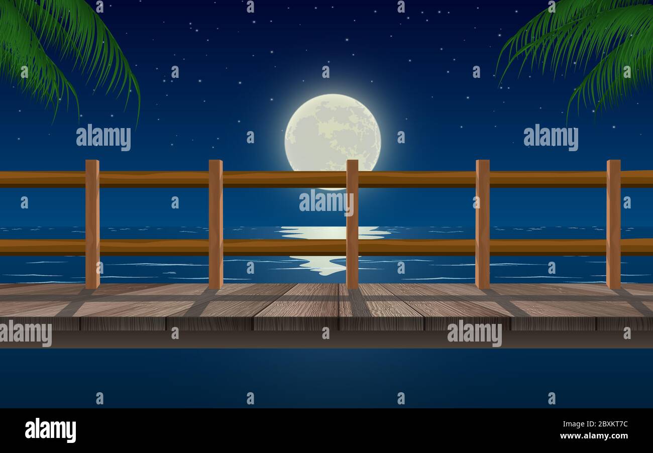 Landschaft aus Holzbrücke am Strand in der Mondnacht Stock Vektor