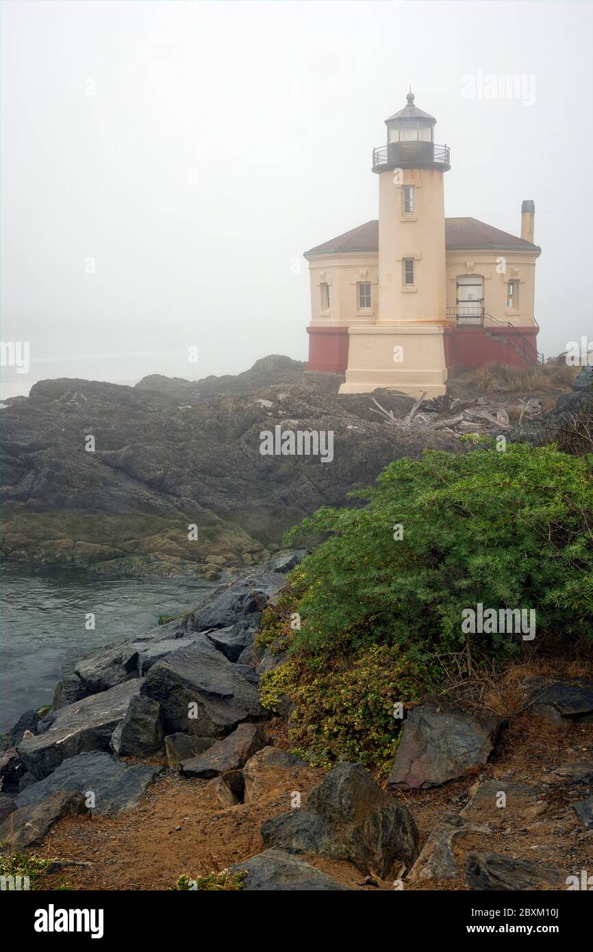 Dichter Nebel umgibt die Coquille Fluss Leuchtturm und die umliegende Landschaft in der Nähe von Bandon, Oregon Stockfoto