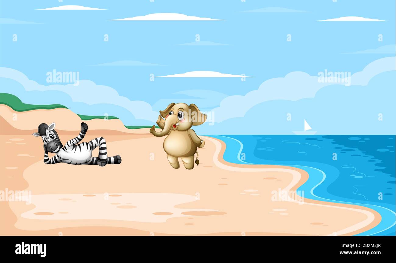 zebra und Elefant spielen am Strand Stock Vektor
