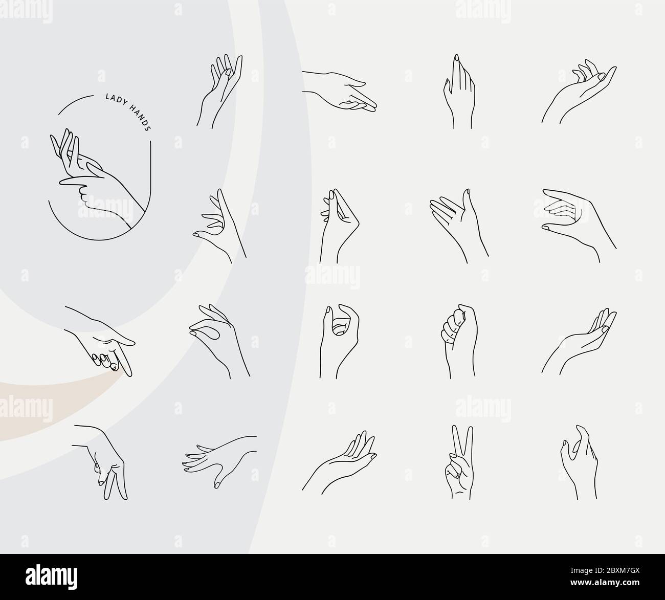 Hände in verschiedenen Gesten auf einem grauen Hintergrund in einem linearen Stil gezeichnet und isoliert. Eine Sammlung von Vektorlogos aus der Hand. Stock Vektor