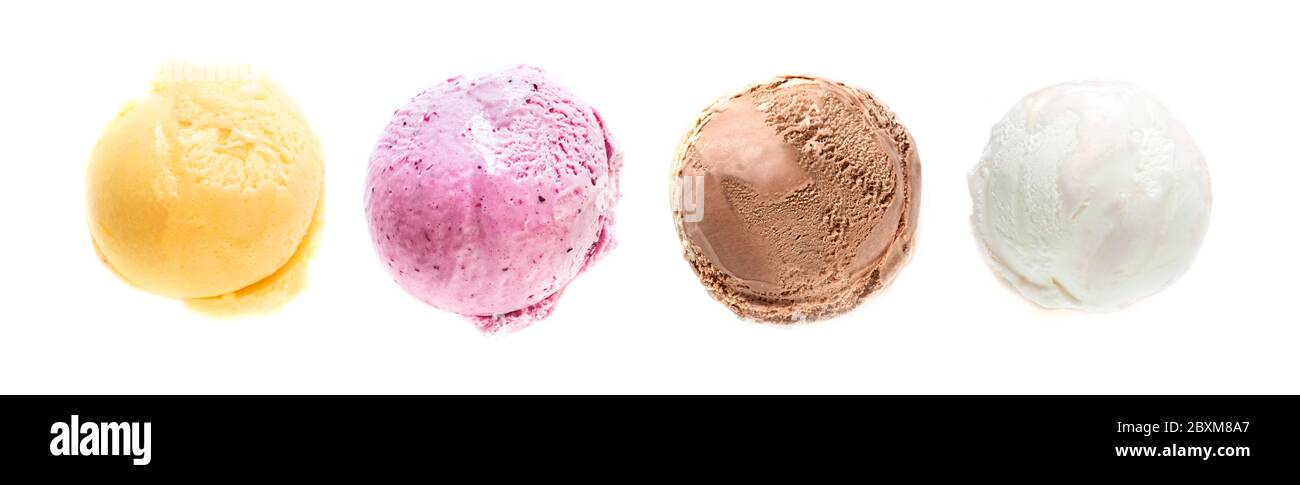 Eis-Set, verschiedene Eisbecher isoliert auf weißem Hintergrund, Draufsicht, Kopierraum. Frozen Joghurt oder Eiskügelsortiment - gesunde Summe Stockfoto
