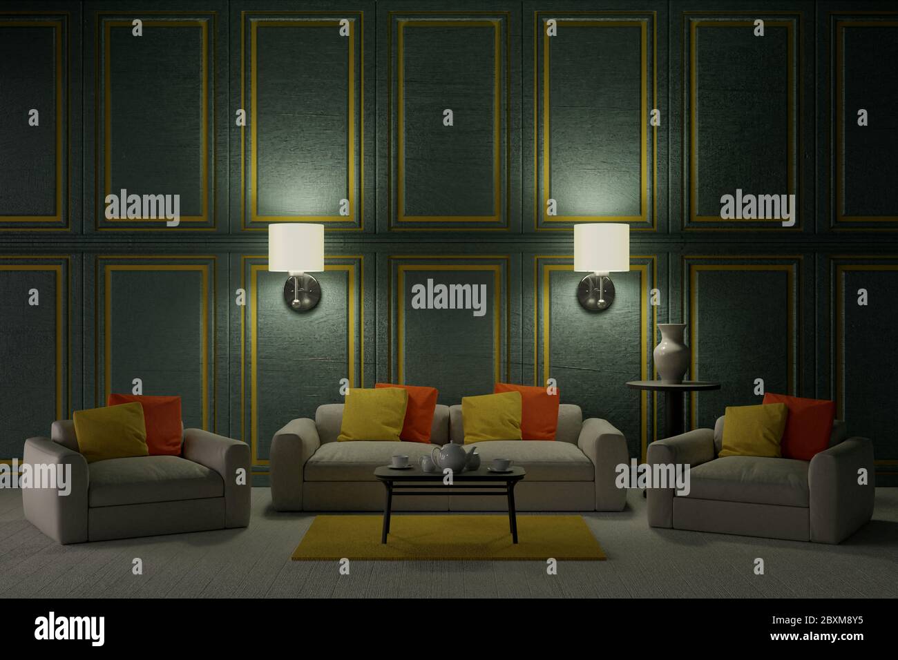 3D-Darstellung. Häuslichen Umgebung. Lounge mit Sofa, Sesseln und Einrichtungselementen. Stockfoto