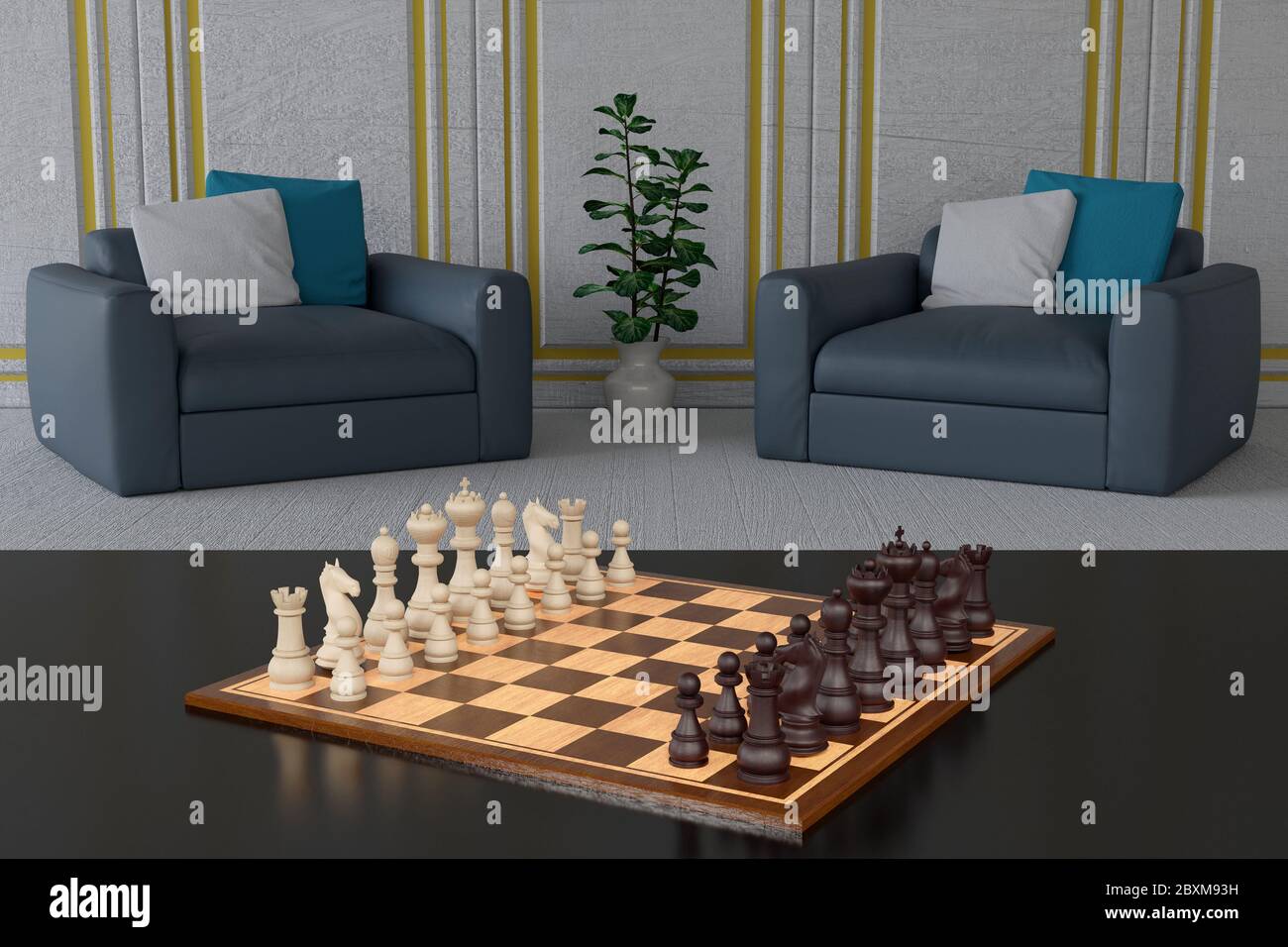 3D-Darstellung. Schachbrett und Schach im Vordergrund mit Lounge-Möbeln im Hintergrund. Stockfoto